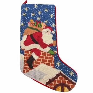 Santa Wool Needlepoint Christmas Stocking Velvet Back Holiday Decoration Chimney
